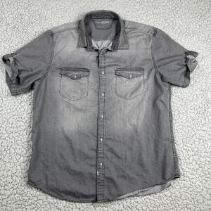 Calvin Klein Button Up Shirt Mens Large Roll Tab Short Sleeve Gray Denim Metal